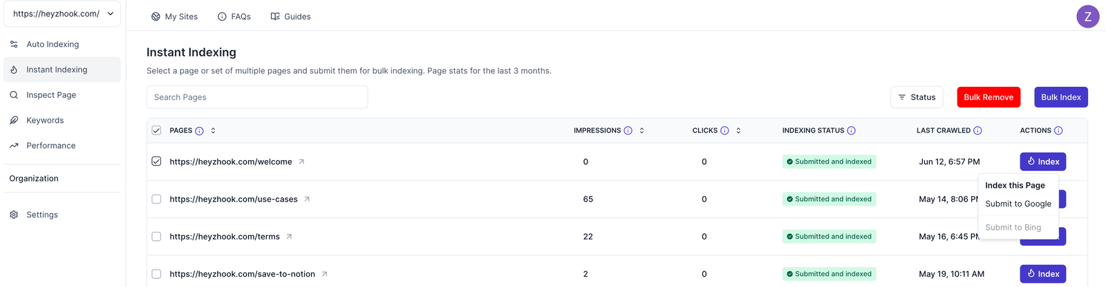 Bubble indexing pages to Google