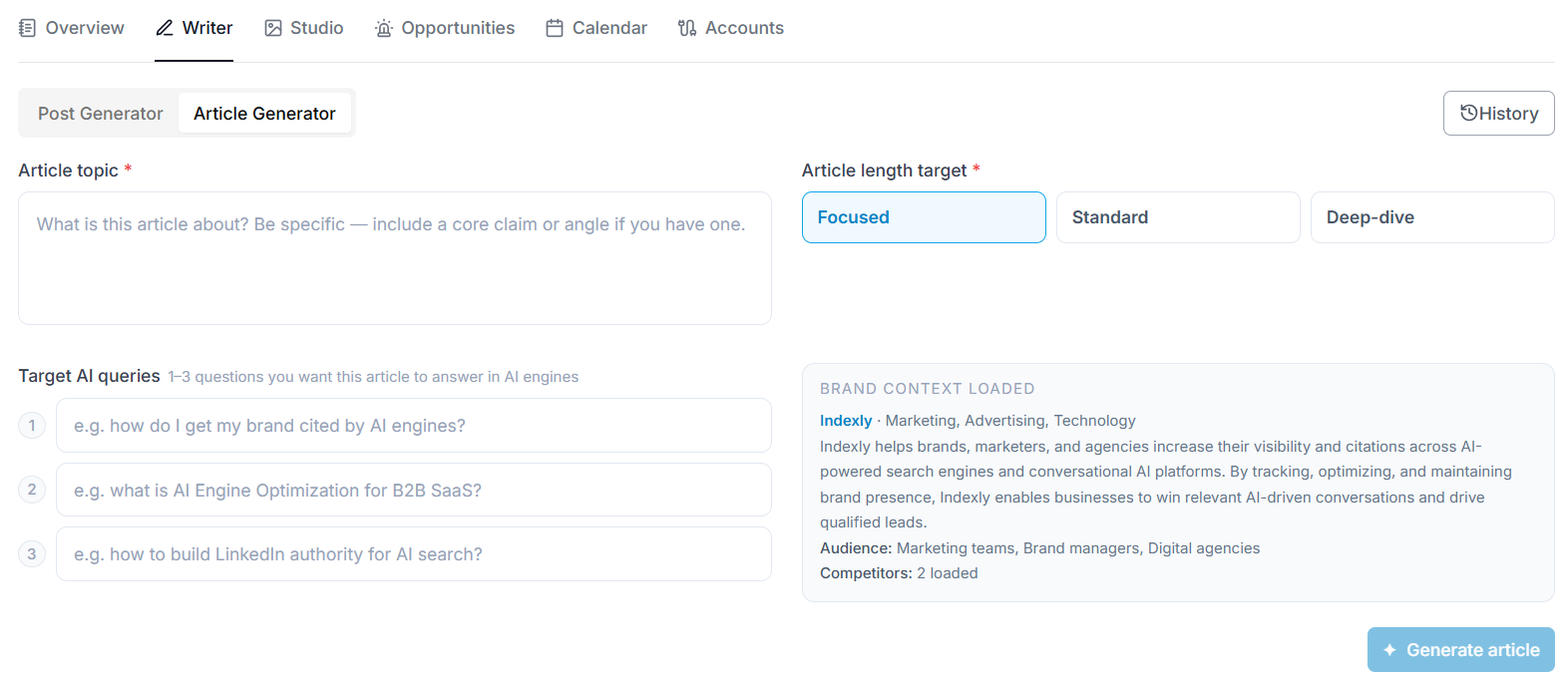 Indexly's LinkedIn Article Generator